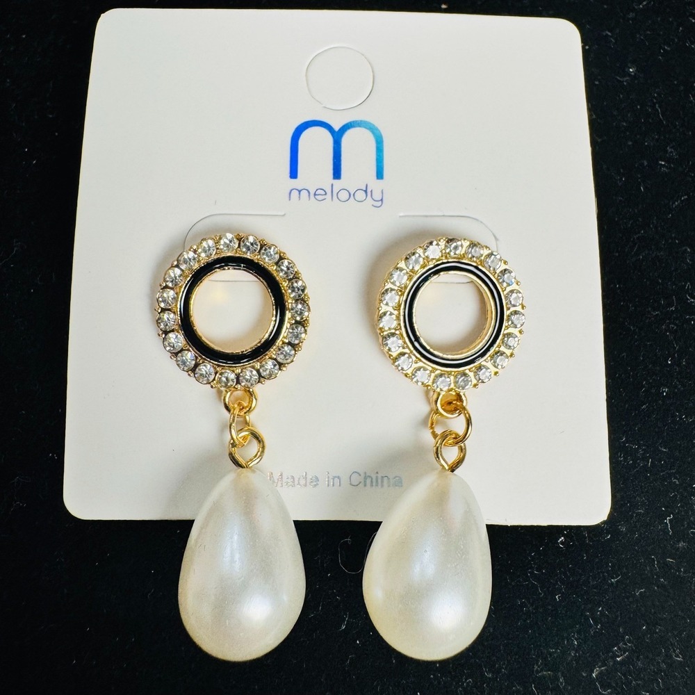 Melody Gold Tone Black Enamel‎ Crystal Faux Pearl Drop Women Classy Earrings NWT